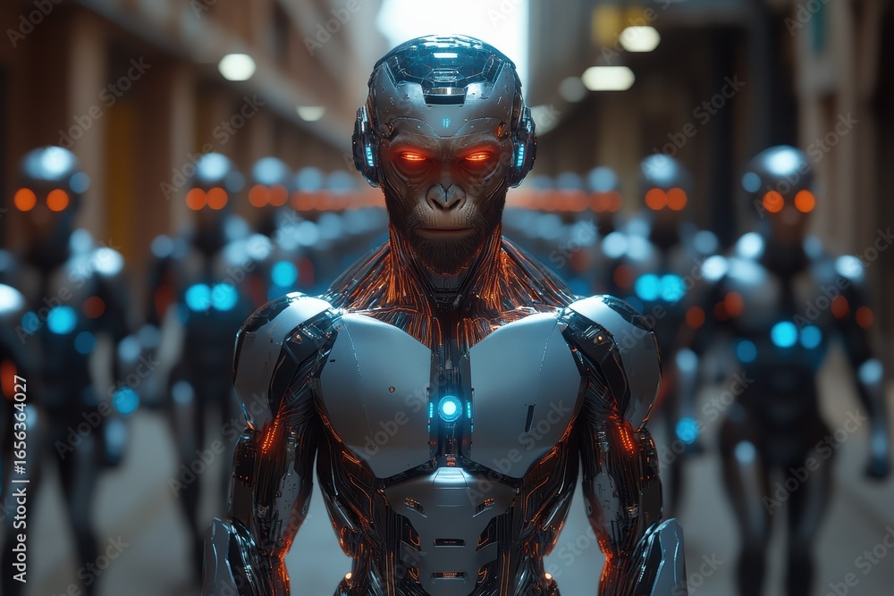 Poster evolution from ape-like beings to advanced artificial intelligence in a futuristic setting
