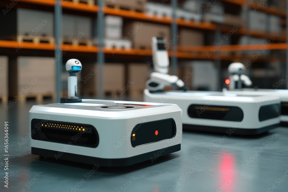 Poster futuristic worker bots operate efficiently in a high-tech warehouse environment