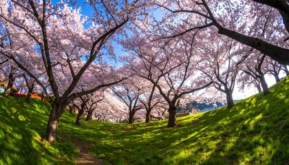 Fototapeta premium Enchanting Cherry Blossom Tunnel: Fisheye Perspective of Spring's Embrace