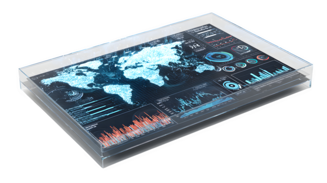 A holographic interface displaying data and predictive analytics about climate change