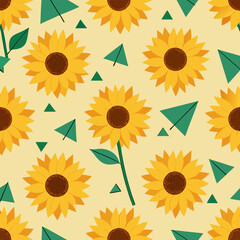 Vibrant seamless pattern featuring sunflowers on a geometric triangular lattice background