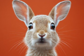 Obraz premium Close-up of a curious rabbit against a vibrant orange background in a playful setting
