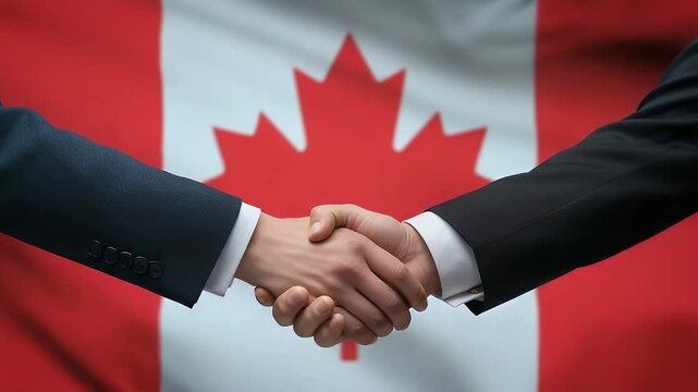 Professional handshake signifies successful business deal with Canadian flag backdrop, fostering trust and partnership.
