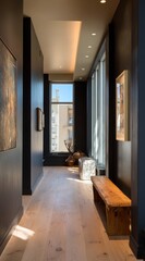 Dark hallway with light wood floors and art