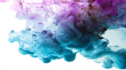 Obraz premium Silky colorful ink cloud swirling and dropping in clear water, abstract liquid motion on white background, vibrant dye splash forming smooth smoke texture for banner and design concepts