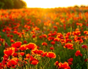 Fototapeta premium Vibrant poppy field at sunset