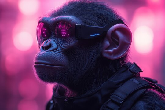 Creative graphic layout featuring a monkey with futuristic sunglasses in vibrant colors
