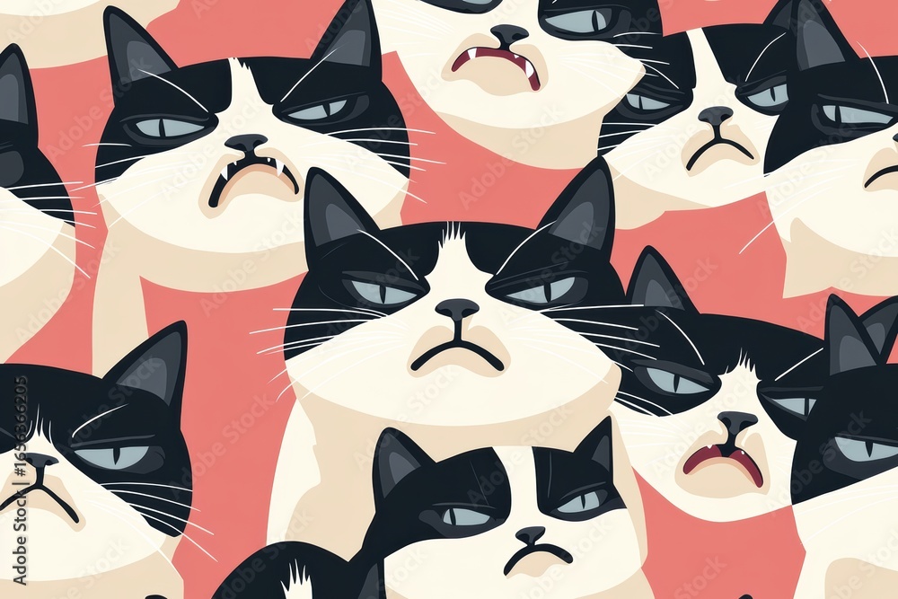 Poster graphic layouts featuring multiple grumpy cats with expressive faces in vibrant colors