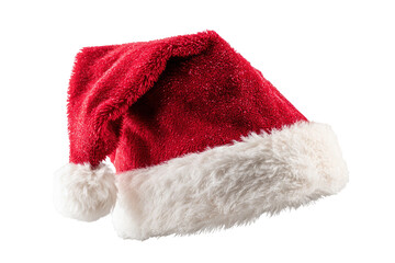 Festive red Santa hat with white trim on transparent background