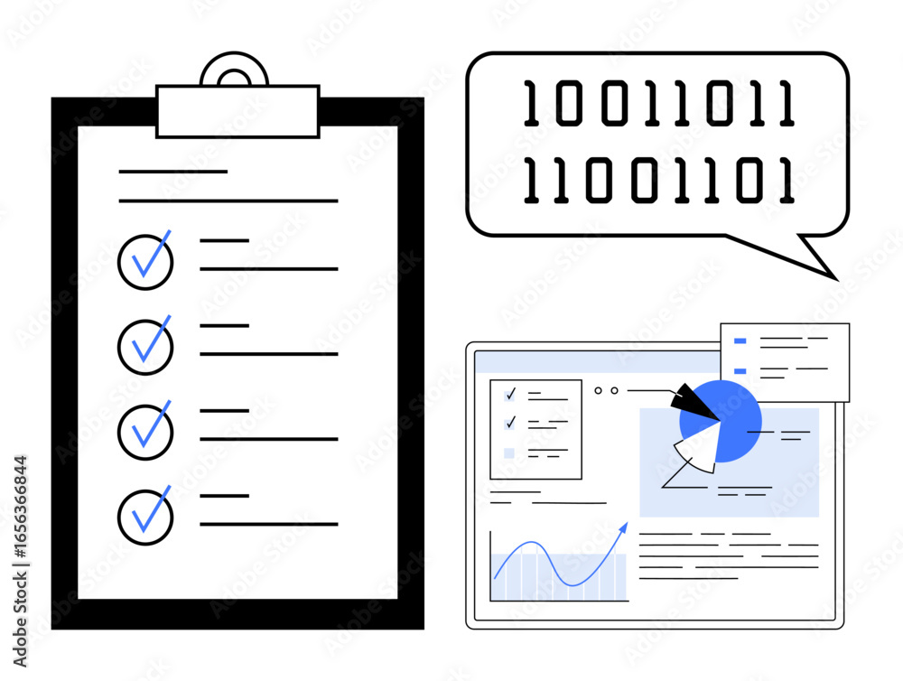 Poster checklist with completed items, binary code in speech bubble, and laptop screen showing charts and d