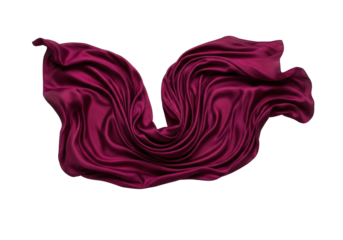 An elegant burgundy silk scarf, artfully draped with flowing folds and subtle shimmer, isolated on a transparent background with soft shadow, luxurious elegance concept