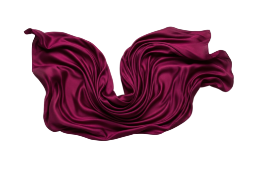 An elegant burgundy silk scarf, artfully draped with flowing folds and subtle shimmer, isolated on a transparent background with soft shadow, luxurious elegance concept