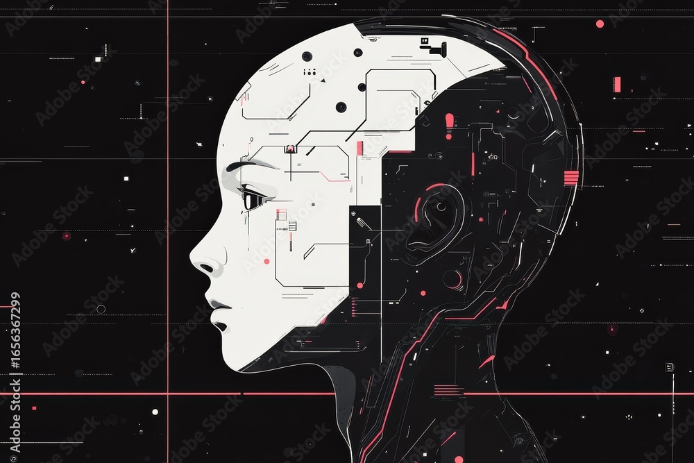 Poster exploring the intersection of technology and humanity in digital art representations