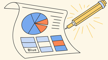 Business Report with Pie Chart Bar Graph and Yellow Marker.