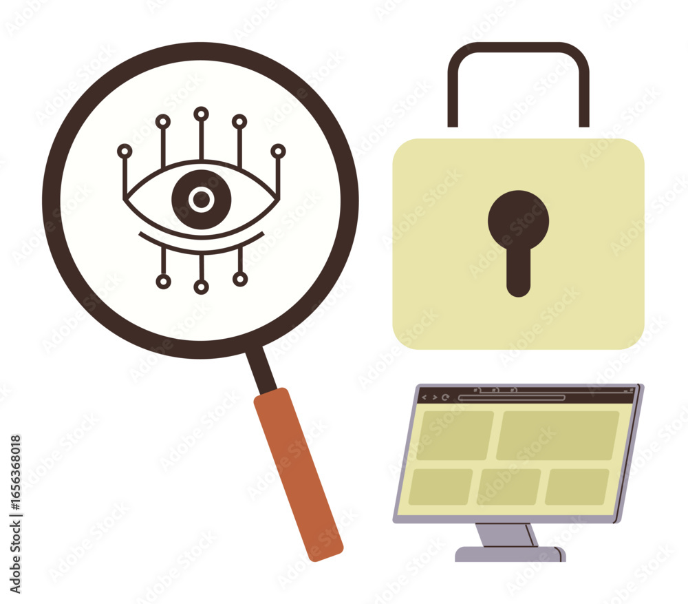 Poster magnifying glass with technological eye design, padlock, and computer screen emphasizing data securi