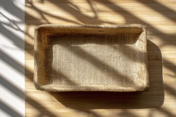 Handmade Natural Fiber Basket with Sunlight Shadows on Wood Surface for Rustic Home Decor and Organization