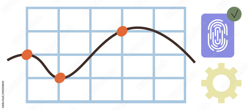 Poster line graph tracking data on grid, fingerprint scanner for biometric security, yellow gear symbolizin