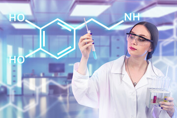 Woman chemist. Chemical experiments. Girl chemist stands near formula. Scientist is engaged in...