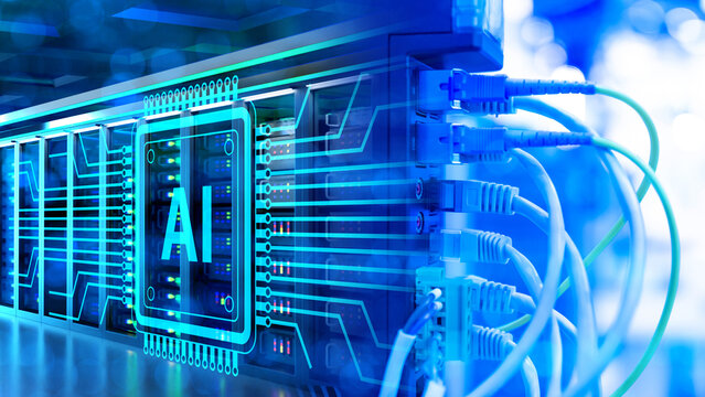 Equipment for artificial intelligence. AI development. Network technologies. Internet equipment with AI logo. Artificial intelligence technology internet modem with AI symbol close-up.