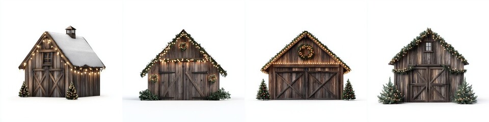 Festive barns adorned with Christmas lights create charming holiday atmosphere. Each rustic structure showcases unique decorations, enhancing winter spirit.