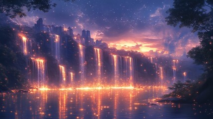 Fantasy waterfalls cascading into a tranquil lake at sunset