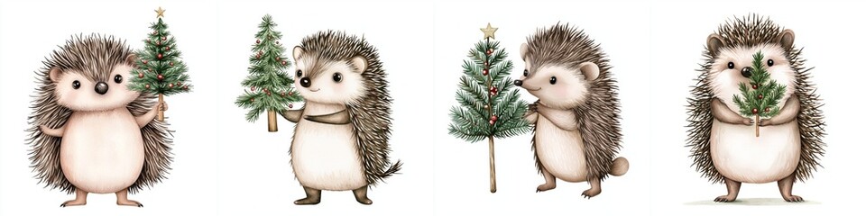 Festive hedgehogs holding tiny Christmas trees bring joy and cheer. These adorable animals celebrate holiday season with their cute decorations.