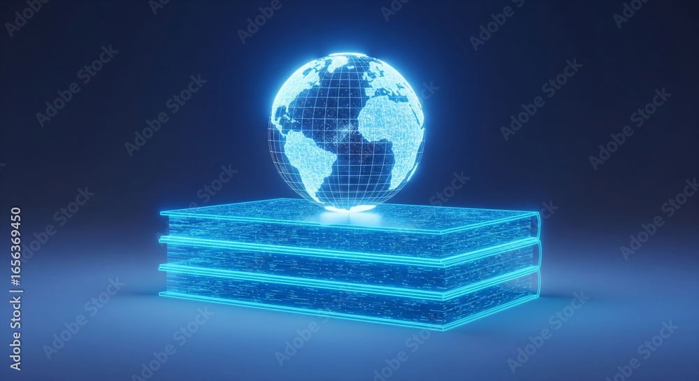 Poster glowing digital globe rests on a stack of books representing technology.