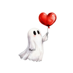 Cute ghost holding a red heart balloon