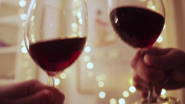 Couple clinking wine glasses in light background. Two people celebrate anniversary together close up.