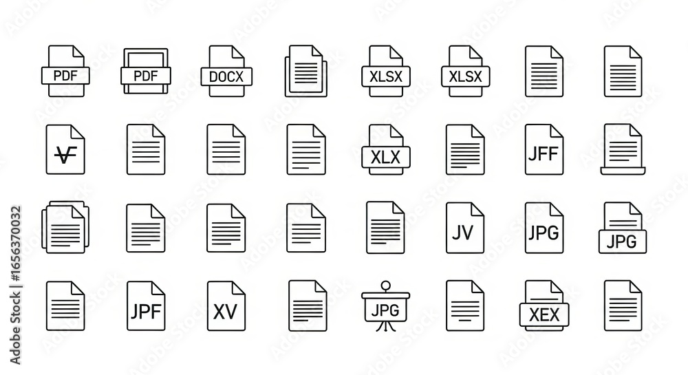 Fototapete A collection of various document and file type icons arranged in a grid for digital organization and data management.