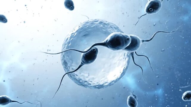 Dynamic Sperm Cells Swim Towards Egg for Fertilization in Bright Hazy Blue Background High Angle Shot Showing Microscopic View of Human Reproduction Process Animation Perfect for Medical