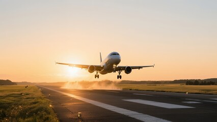 Fototapeta premium Commercial Airplane Landing on Runway at Sunset with Dust Cloud in Warm Light