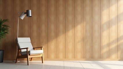Empty room with wooden wall paneling and a single armchair.