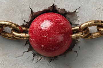 Red sphere held by golden chain in a cracked concrete wall