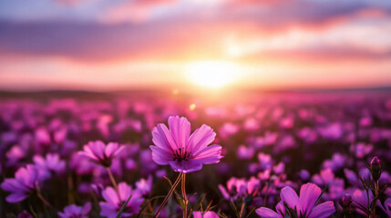 Floral Serenade at Sunset: A field of vibrant pink flowers unfolds under a breathtaking sunset. The scene is a celebration of nature's beauty.