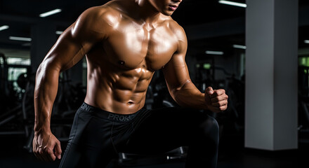 Fototapeta premium Shirtless muscular man with perfect six-pack showing off athletic body at gym