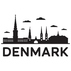 Naklejka premium Vector Denmark skyline. Travel Denmark famous landmarks. Business and tourism concept for presentation, banner, web site. Vector black silhouette. with white background