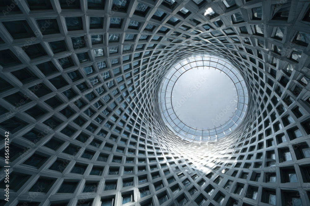 Poster intricate geometric architecture with circular sky view from below in modern urban environment