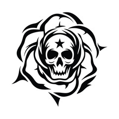 Fototapeta premium Skull and Rose Tattoo Design in Black and White with Star Detail | Ai Generated