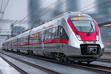 Obraz premium High-speed train in motion through a modern city station