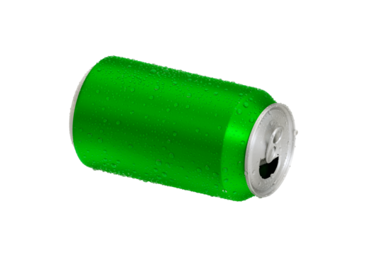 Open Aluminum green soda can with water drops, transparent background