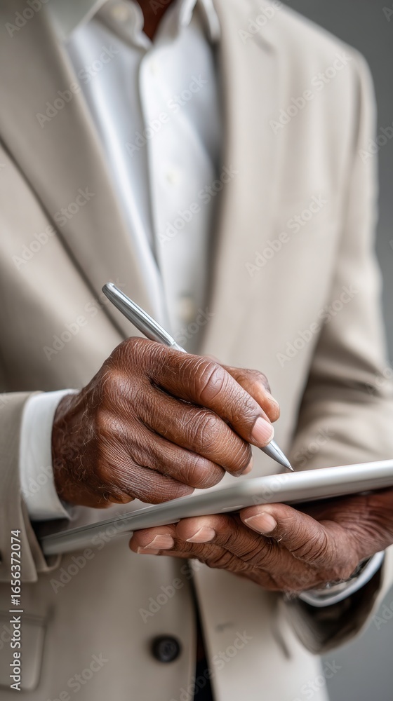Poster analyst engages with pen and tablet in a minimalist workspace during a focused session