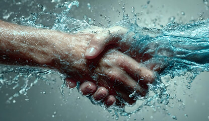 A creative visual of two hands shaking, contrasted by water splashes, symbolizing partnership and innovation in the digital age.