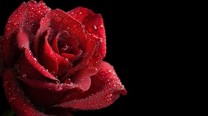 Close-Up of Dewy Red Rose Petal on a Black Background