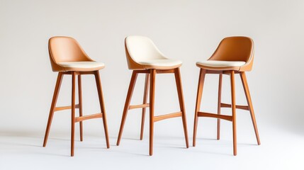 Fototapeta premium Classic mid-century style bar stools with cushioned leather tops and tapered wooden bases, white studio background