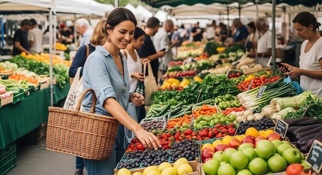 Smiling Woman with Wicker Basket Shopping for Fresh Berries at a Vibrant Outdoor Farmers Market with Abundant Fruits and Vegetables