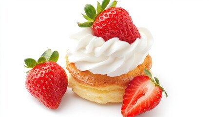 Classic strawberry shortcake topped with whipped cream and whole strawberry, isolated on bright white background