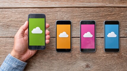 Hand holding phone with cloud icon, three more phones with cloud icons, all on wooden surface, cloud computing, mobile technology.