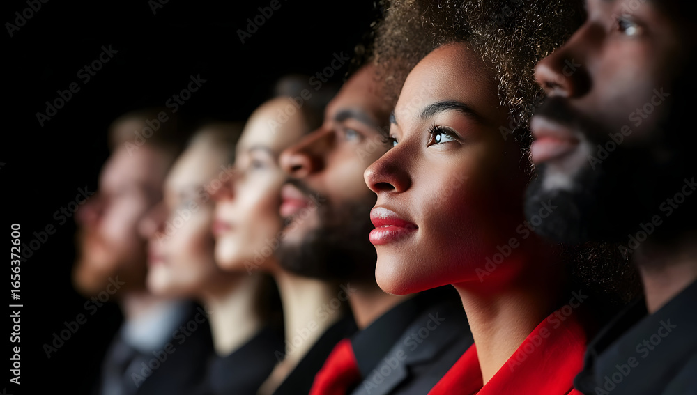 Poster a diverse group of individuals, wearing elegant attire, looking forward with expressions of determin