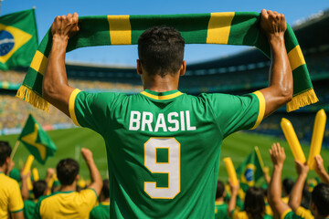 Fototapeta premium Brazilian supporter in green jersey holding Brasil scarf in stadium